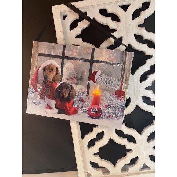 Lighted Dachshund Santa Hat‎ Holiday Scene Canvas Wall Hanging Tested & Works - Picture 2 of 10